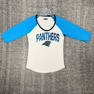 NFL Team Apparel Carolina Panthers Women Blue Cream Sequin Raglan Shirt Medium